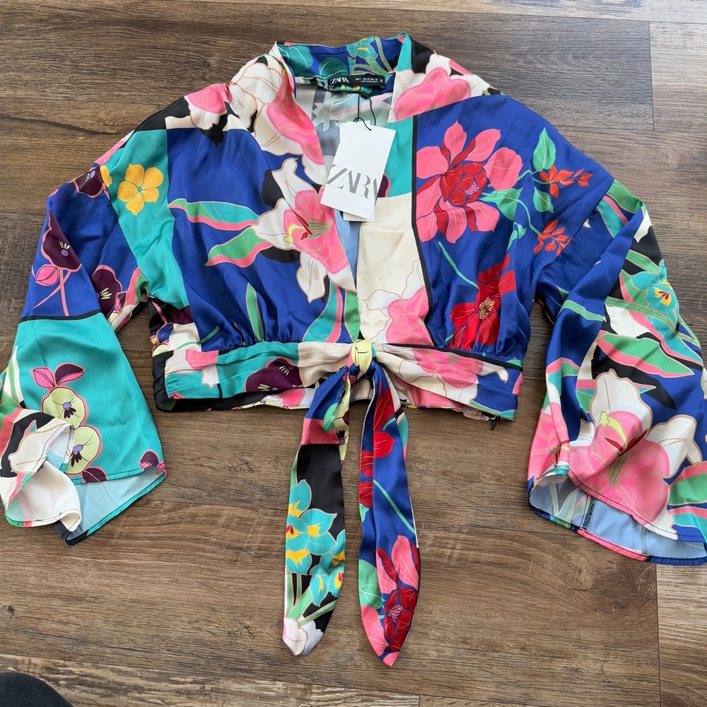 Zara Floral Tie-Front Blouse - Multicolor
